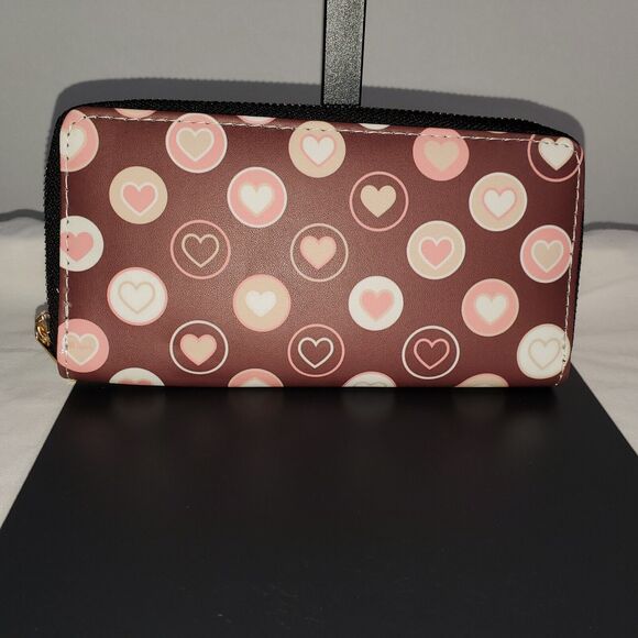 Wallet Clutch Brown Pink Hearts Zip Around 12 Card Slots 8" x 4" x 1 New - Picture 9 of 9
